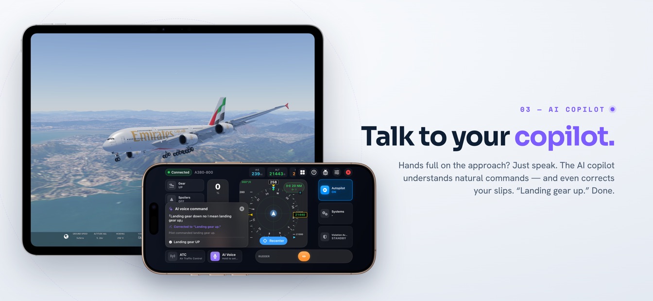 SkyYoke on-device AI voice copilot flying a spoken command for Infinite Flight (shown in Infinite Flight)