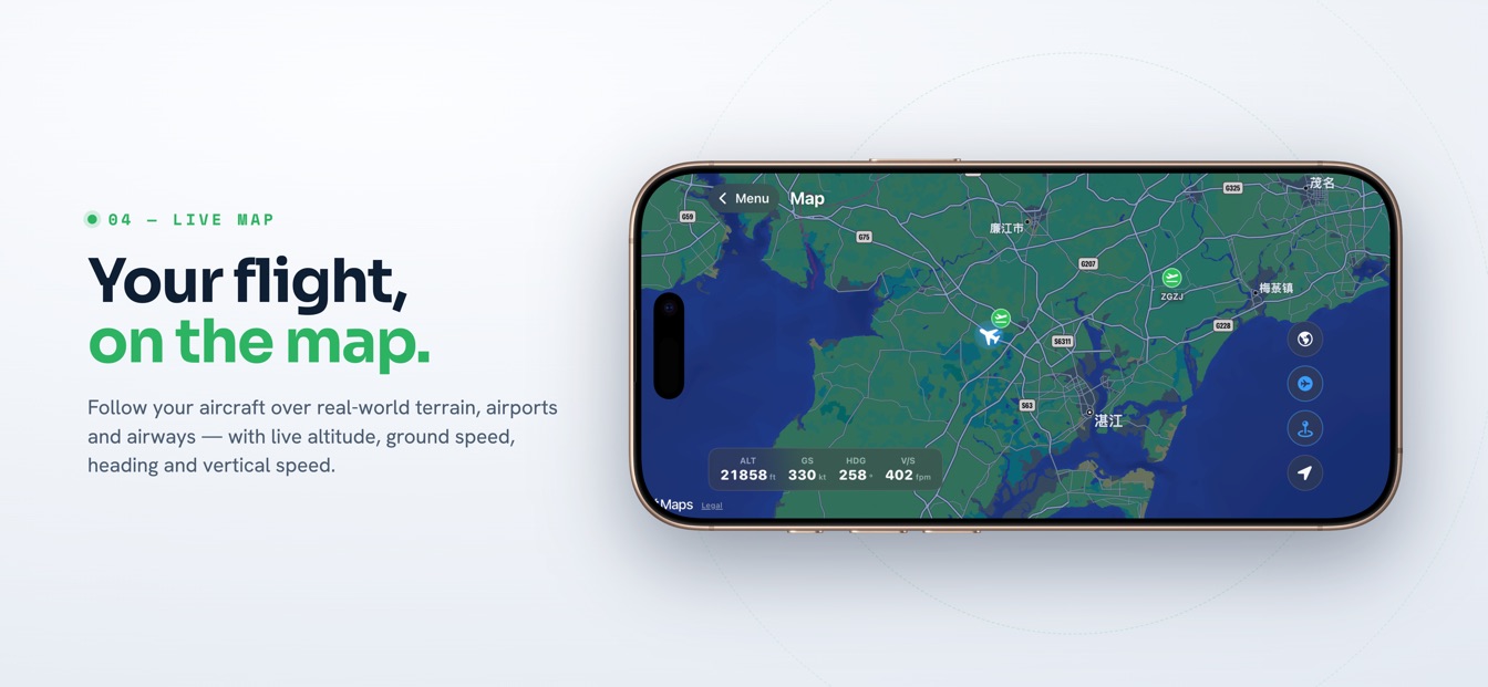 SkyYoke live moving map following Infinite Flight over real-world terrain (shown in Infinite Flight)